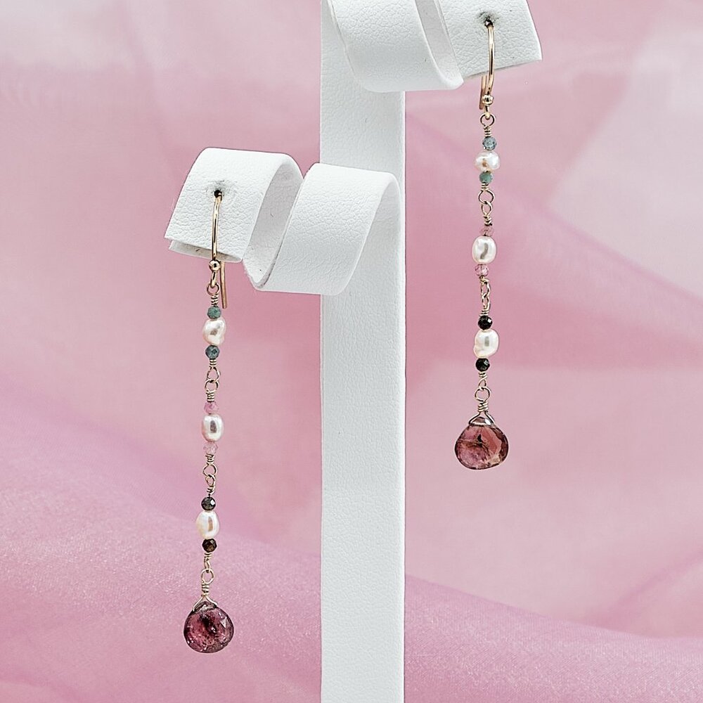 Pink Tourmaline & Pearl Dangle Earrings, 14K Gold Filled